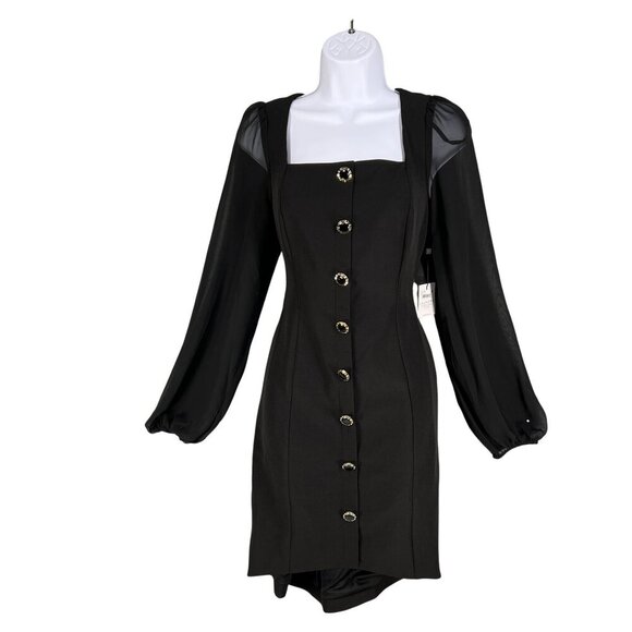 Shelli Segal Laundry Womens 6 NWT Black Dress Sheer Sleeves Deco Button Cocktail - Picture 1 of 16
